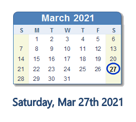 27 March 2021 calendar