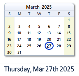 March 27, 2025 Calendar with Holidays & Count Down - USA