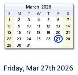 27 March 2026 calendar