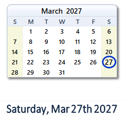 27 March 2027 calendar