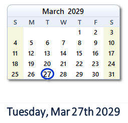 March 27, 2029 calendar