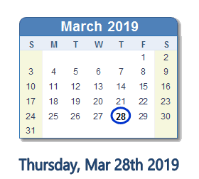 March 28, 2019 calendar