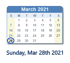 28 March 2021 calendar