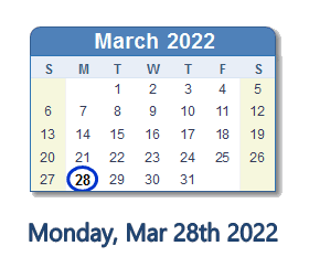 28 March 2022 calendar