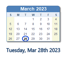 March 28, 2023 Calendar with Holidays & Count Down - USA