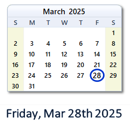 28 March 2025 calendar