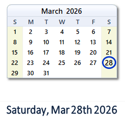 28 March 2026 calendar