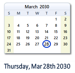March 28, 2030 calendar