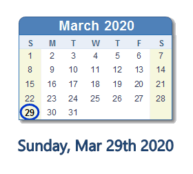 March 29, 2020 calendar