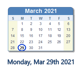 29 March 2021 calendar