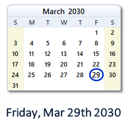 March 29, 2030 calendar