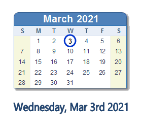 3 March 2021 calendar