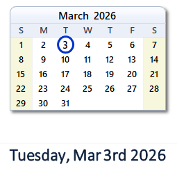 3 March 2026 calendar