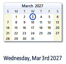 3 March 2027 calendar