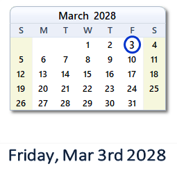 March 3, 2028 calendar