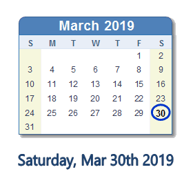 March 30, 2019 calendar