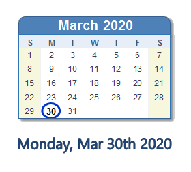 March 30, 2020 calendar