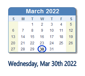 March 30, 2022 calendar