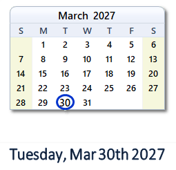March 30, 2027 calendar