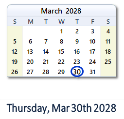 March 30, 2028 calendar