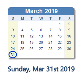 March 31, 2019 calendar