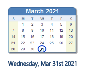March 31, 2021 calendar