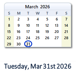 31 March 2026 calendar