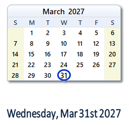 March 31, 2027 calendar