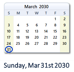 March 31, 2030 calendar