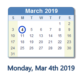 March 4, 2019 calendar