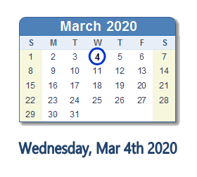 March 4, 2020 calendar