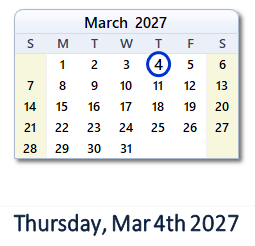 March 4, 2027 calendar
