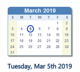 March 5, 2019 calendar