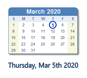 March 5, 2020 calendar