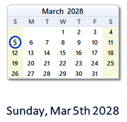 March 5, 2028 calendar