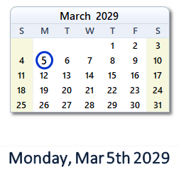 March 5, 2029 calendar