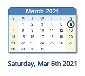 March 6, 2021 calendar