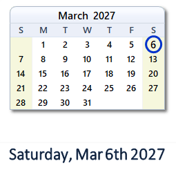 6 March 2027 calendar