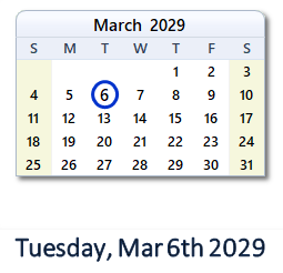 March 6, 2029 calendar