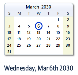 March 6, 2030 calendar