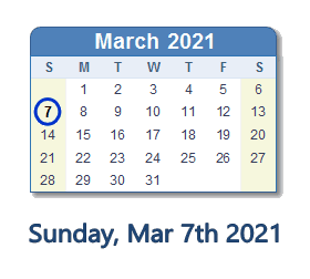 March 7, 2021 calendar