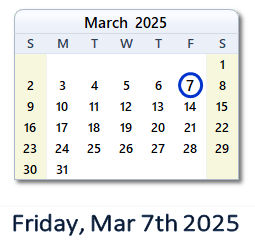 March 7, 2025 Calendar with Holidays & Count Down - USA