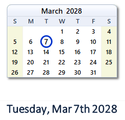 March 7, 2028 calendar