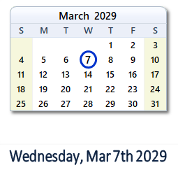 March 7, 2029 calendar