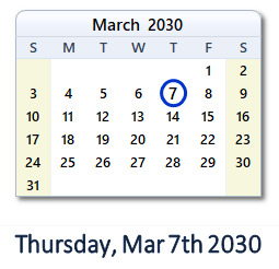 March 7, 2030 calendar