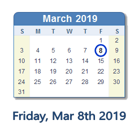 March 8, 2019 calendar
