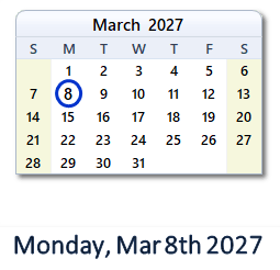 8 March 2027 calendar