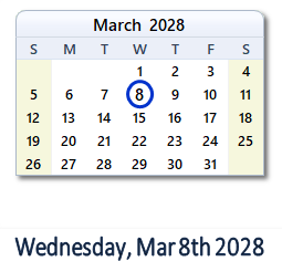March 8, 2028 calendar