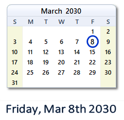 March 8, 2030 calendar
