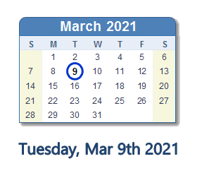 March 9, 2021 calendar